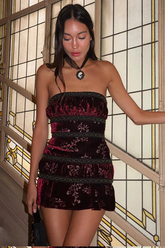 Floral Pattern Boat Neck Slim Fit Velvet Mini Tube Dresses-Burgundy